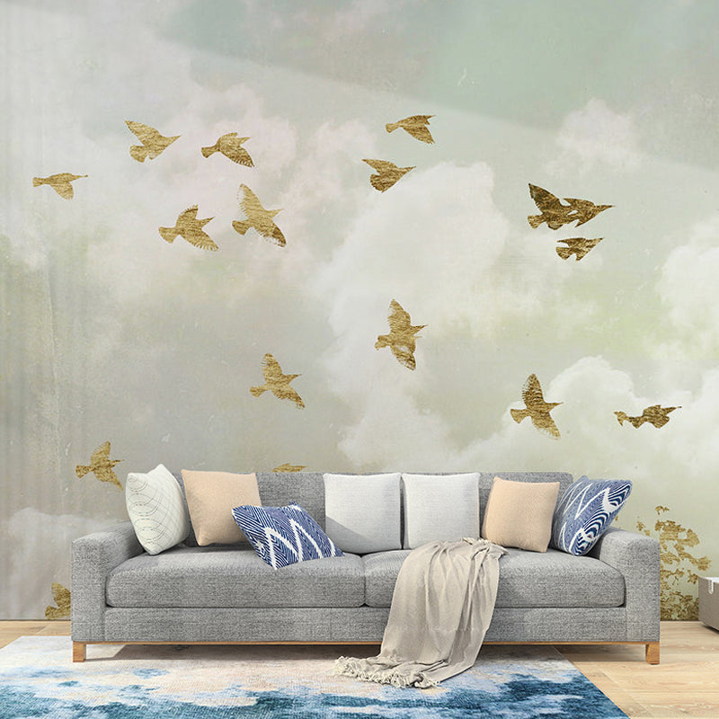 Non-Woven Fabric Giant Mural Wallpaper with Pastel Color Nostalgic Flying Bird and Sky, Made to Measure Gray-Yellow Clearhalo 'Wall Decor' 'Wall Mural' 917139