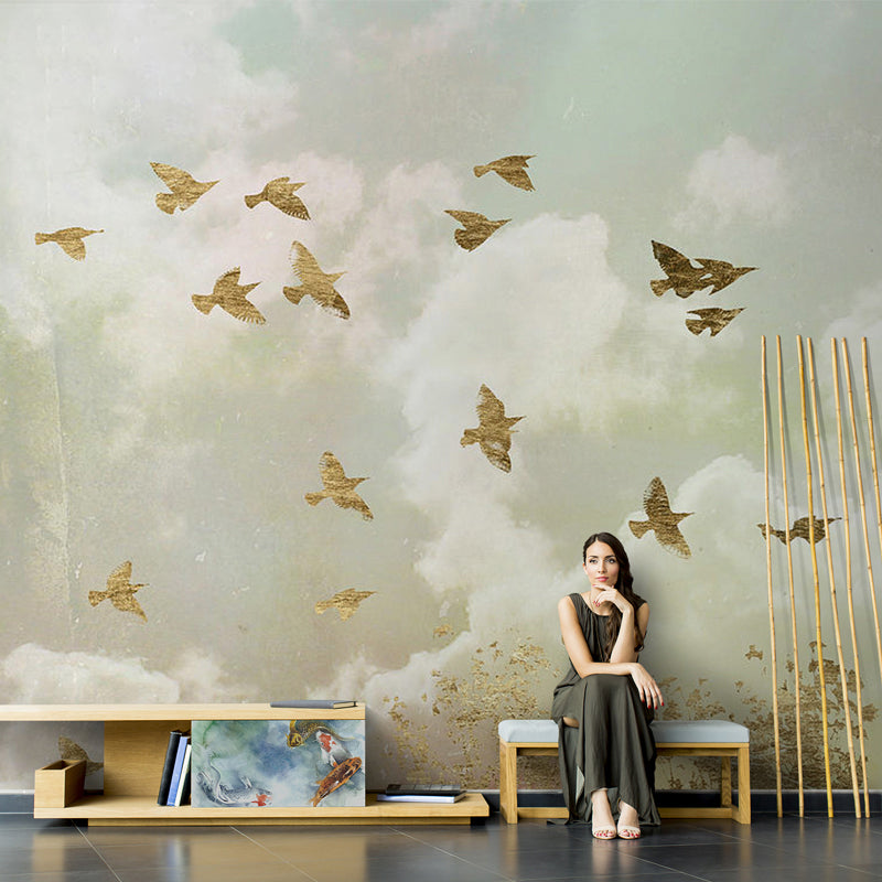 Non-Woven Fabric Giant Mural Wallpaper with Pastel Color Nostalgic Flying Bird and Sky, Made to Measure Clearhalo 'Wall Decor' 'Wall Mural' 917141