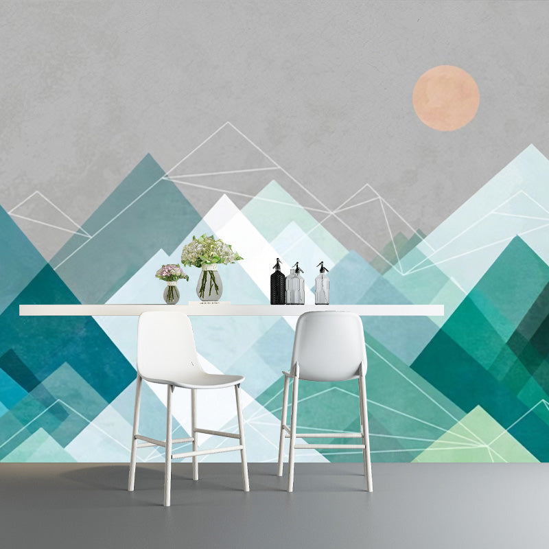 Green Mountain and Moon Murals Stain-Resistant Wall Covering for Coffee Shop Green Clearhalo 'Wall Decor' 'Wall Mural' 917184