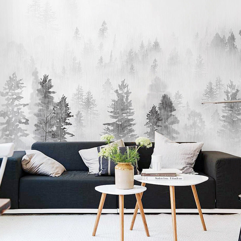 Illustration Style Murals Forest and Snow Wall Art for Decoration, Customized Size Available Grey Clearhalo 'Wall Decor' 'Wall Mural' 917189