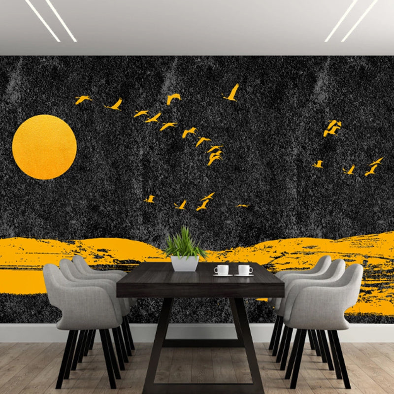 Full Size Mural Wallpaper for Decor Moon and Bird Wall Covering in Yellow and Black, Stain-Resistant Yellow-Black Clearhalo 'Wall Decor' 'Wall Mural' 917209