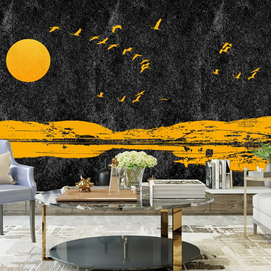 Full Size Mural Wallpaper for Decor Moon and Bird Wall Covering in Yellow and Black, Stain-Resistant Clearhalo 'Wall Decor' 'Wall Mural' 917210