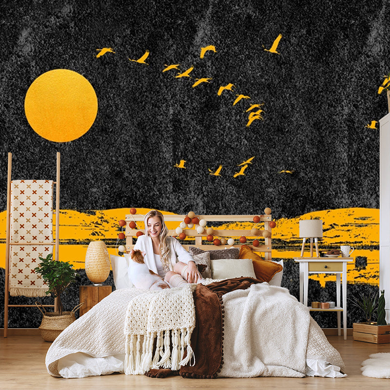 Full Size Mural Wallpaper for Decor Moon and Bird Wall Covering in Yellow and Black, Stain-Resistant Clearhalo 'Wall Decor' 'Wall Mural' 917211