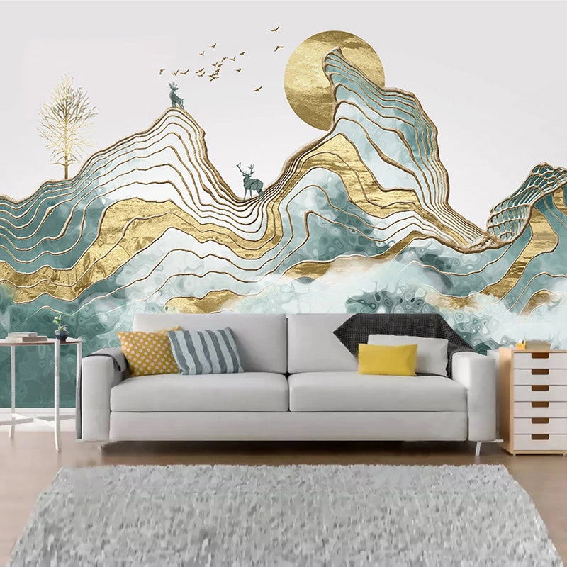 Giant Illustration Style Murals Chinese Traditional Landscape Painting in Yellow and Green for Decor Green-Yellow Clearhalo 'Wall Decor' 'Wall Mural' 917214