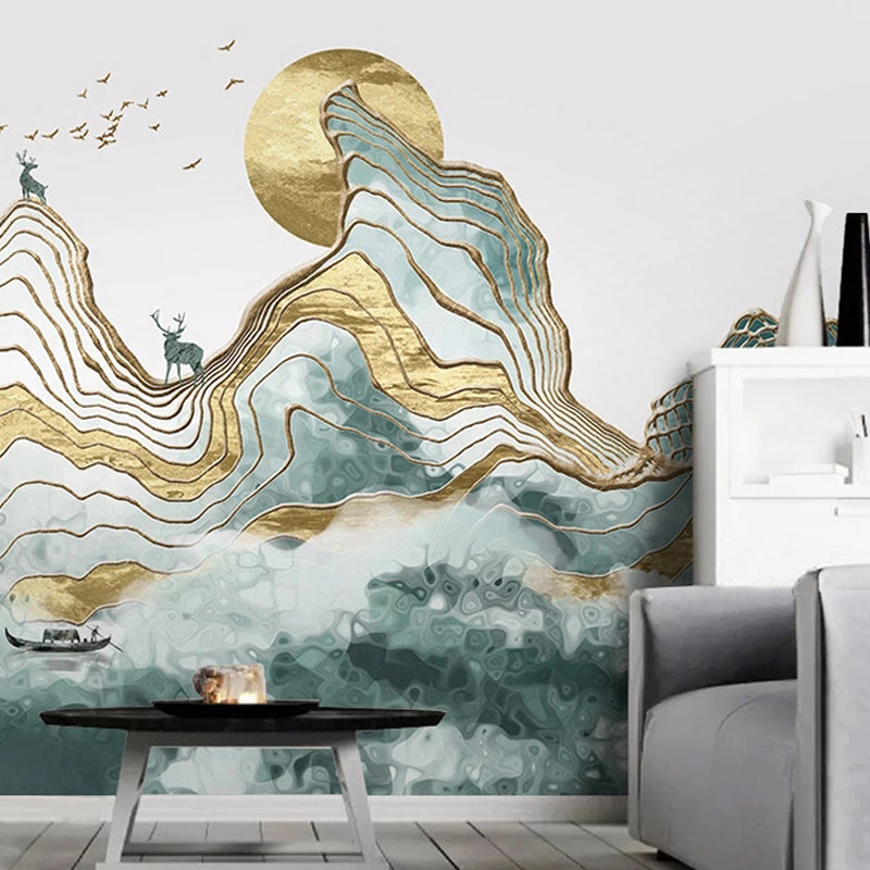 Giant Illustration Style Murals Chinese Traditional Landscape Painting in Yellow and Green for Decor Clearhalo 'Wall Decor' 'Wall Mural' 917215