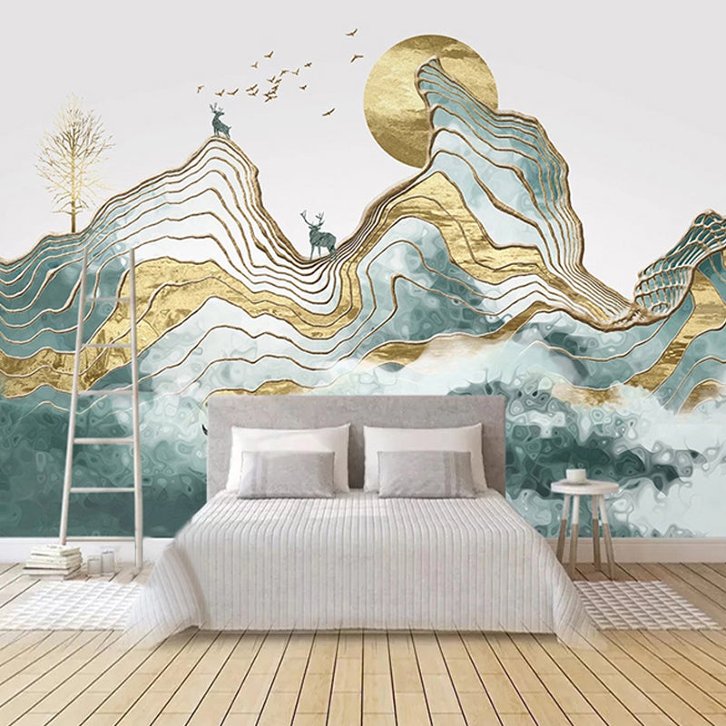 Giant Illustration Style Murals Chinese Traditional Landscape Painting in Yellow and Green for Decor Clearhalo 'Wall Decor' 'Wall Mural' 917216