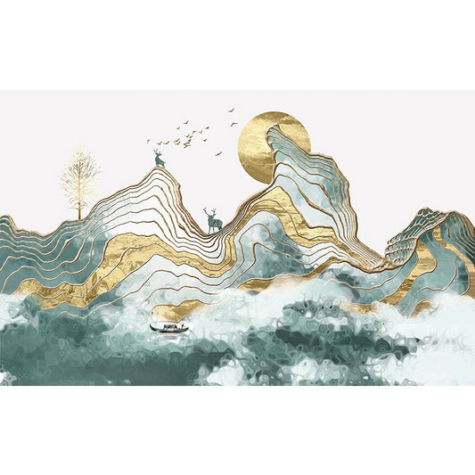 Giant Illustration Style Murals Chinese Traditional Landscape Painting in Yellow and Green for Decor Clearhalo 'Wall Decor' 'Wall Mural' 917217