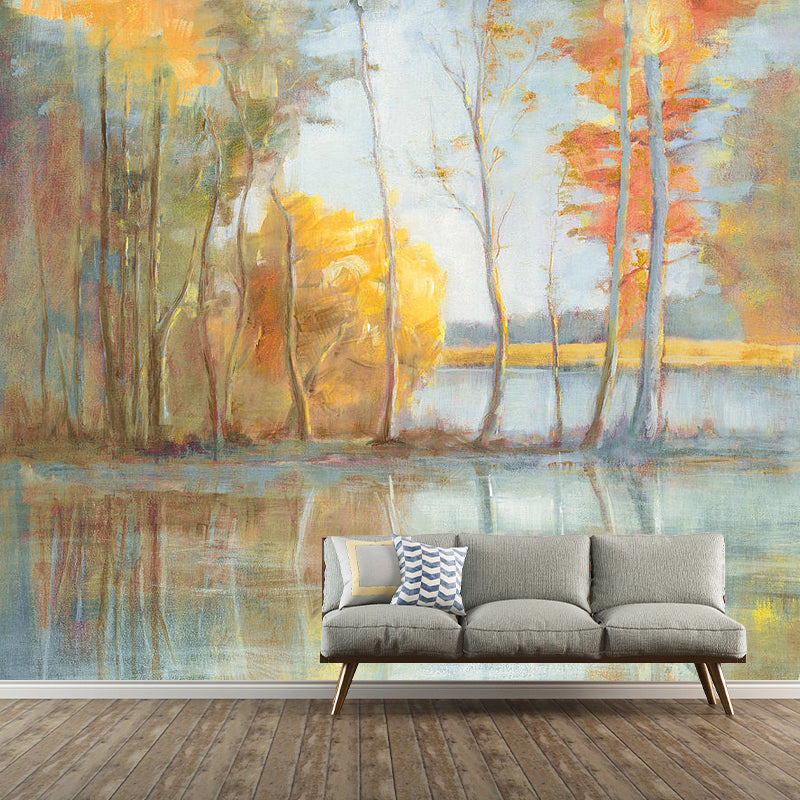 Full Size Illustration Mural Wallpaper Forest and River Wall Covering for Living Room, Pastel Yellow Yellow Clearhalo 'Wall Decor' 'Wall Mural' 917219