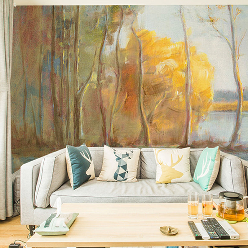 Full Size Illustration Mural Wallpaper Forest and River Wall Covering for Living Room, Pastel Yellow Clearhalo 'Wall Decor' 'Wall Mural' 917220