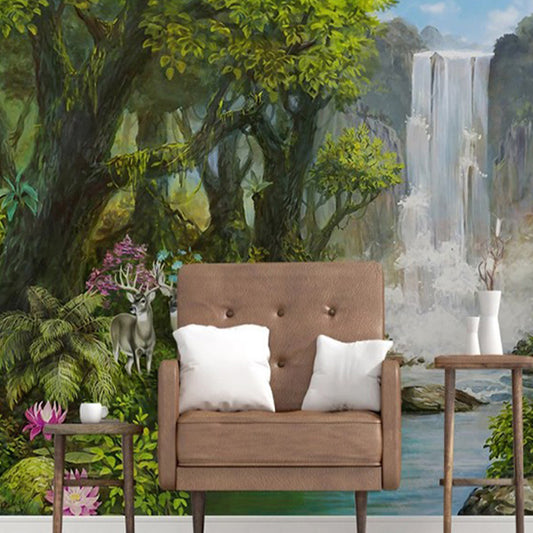 Fresh Color Wall Murals Rainforest and Waterfall Stain-Resistant Wall Art for Coffee Shop Clearhalo 'Wall Decor' 'Wall Mural' 917271