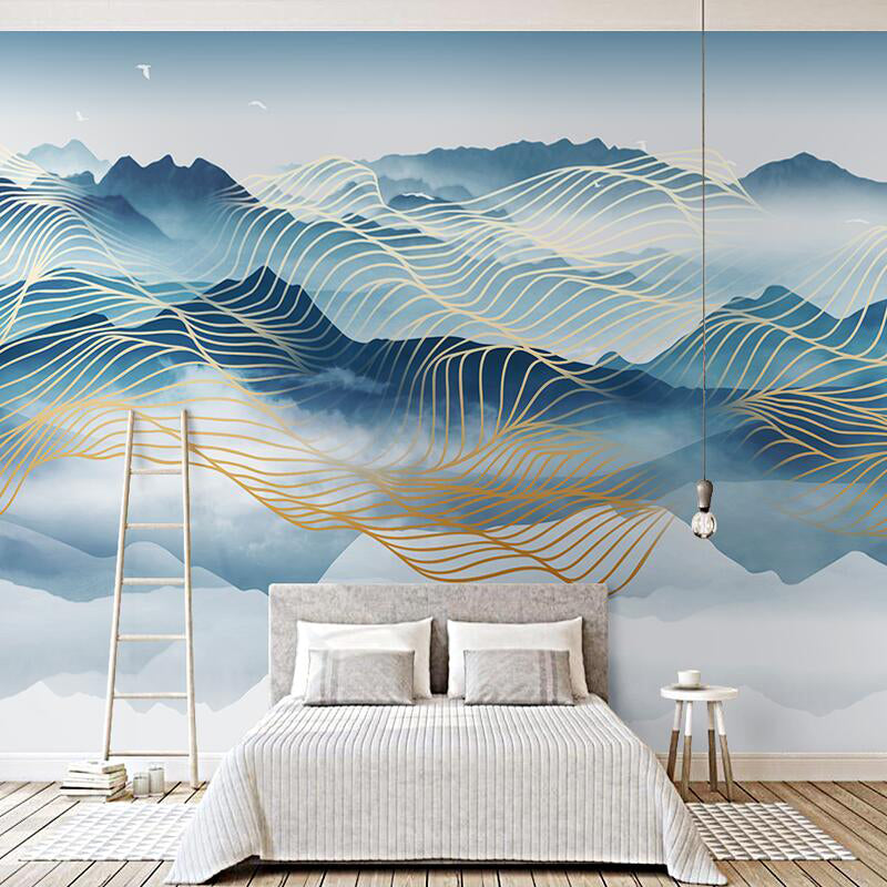 Natural Turquoise Murals with Mountain and Trellis Pattern for Accent Wall, Non-Woven Material Clearhalo 'Wall Decor' 'Wall Mural' 917285