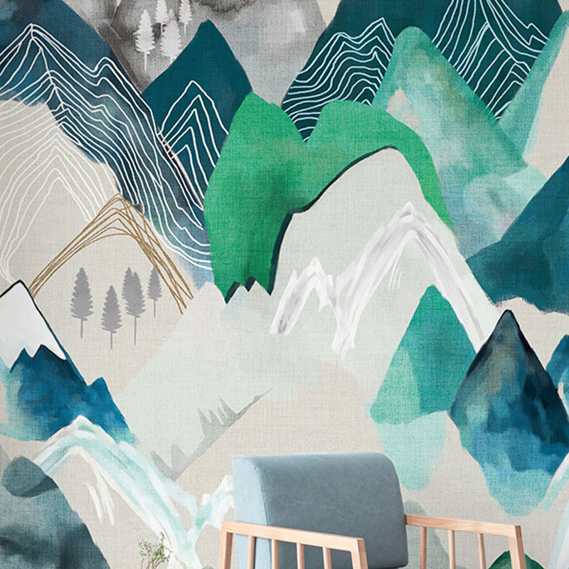 Full Size Illustration Murals Stacked Mountain Wall Covering for Gallery in Pastel Color, Customized Size Available Blue-Green Clearhalo 'Wall Decor' 'Wall Mural' 917304