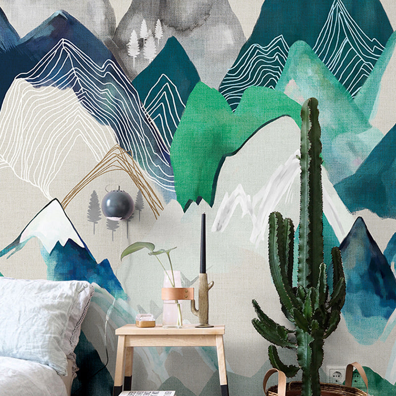 Full Size Illustration Murals Stacked Mountain Wall Covering for Gallery in Pastel Color, Customized Size Available Clearhalo 'Wall Decor' 'Wall Mural' 917305