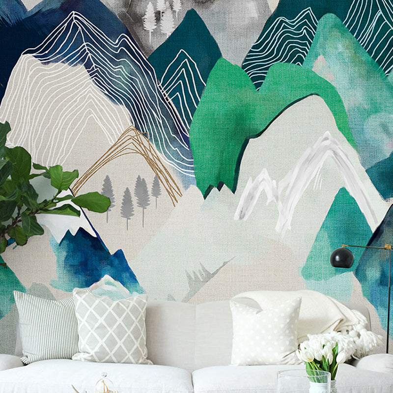 Full Size Illustration Murals Stacked Mountain Wall Covering for Gallery in Pastel Color, Customized Size Available Clearhalo 'Wall Decor' 'Wall Mural' 917306