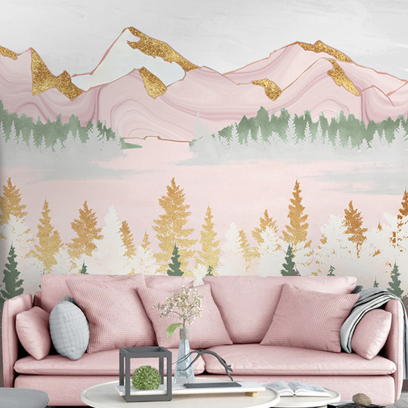 Decorative Non-Woven Mural Wallpaper Traditional Fresh Mountain and Tree Wall Art for Living Room Green-Yellow-Pink Clearhalo 'Wall Decor' 'Wall Mural' 917309