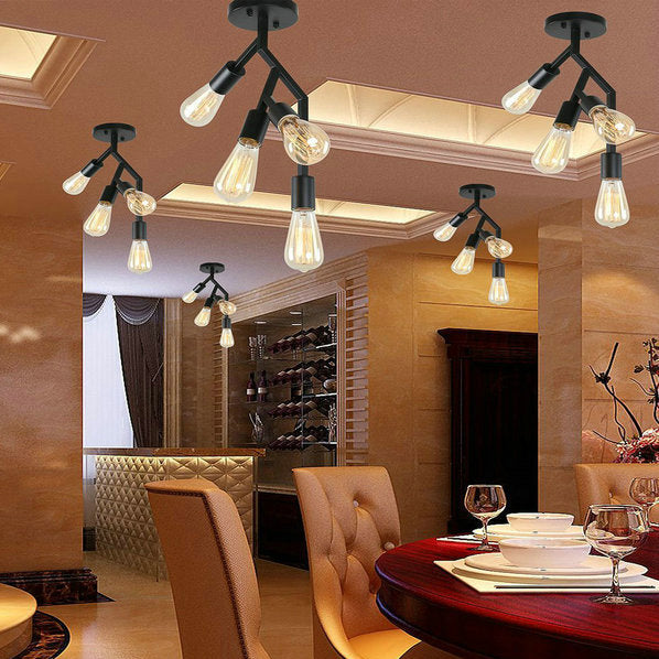 4 Light Semi Flush Light with Branch Metallic Industrial Style Dining Room Semi Flush Mount in Black Black Clearhalo 'Ceiling Lights' 'Close To Ceiling Lights' 'Close to ceiling' 'Semi-flushmount' Lighting' 91737