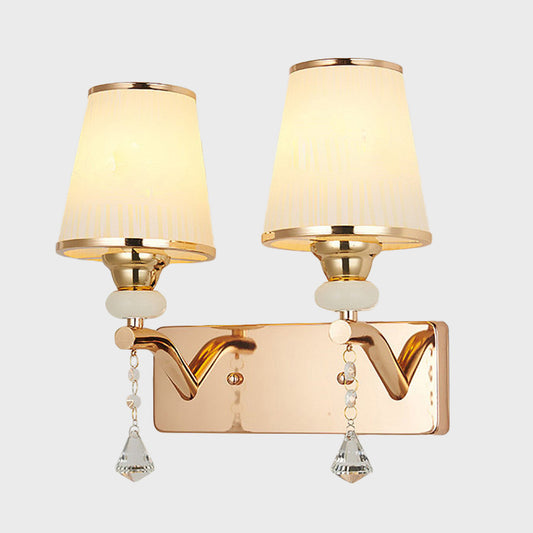 2-Bulb Regular Wall Sconce Light Contemporary Gold Crystal Conical Shade Wall Mount Lighting Clearhalo 'Modern wall lights' 'Modern' 'Wall Lamps & Sconces' 'Wall Lights' Lighting' 917454