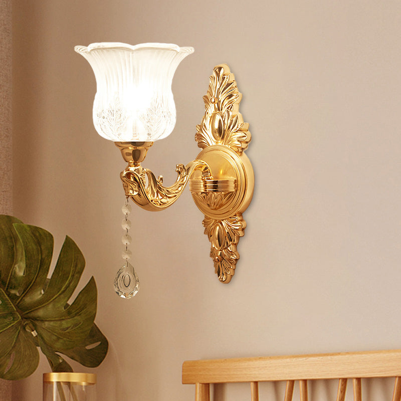 Gold Flower/Bell Wall Light Sconce Modernist Crystal Shade 1 Light Living Room Wall Mounted Lamp Gold Flower Shape Clearhalo 'Wall Lamps & Sconces' 'Wall Lights' Lighting' 917464