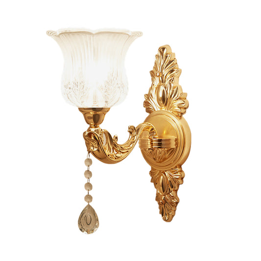 Gold Flower/Bell Wall Light Sconce Modernist Crystal Shade 1 Light Living Room Wall Mounted Lamp Clearhalo 'Wall Lamps & Sconces' 'Wall Lights' Lighting' 917465