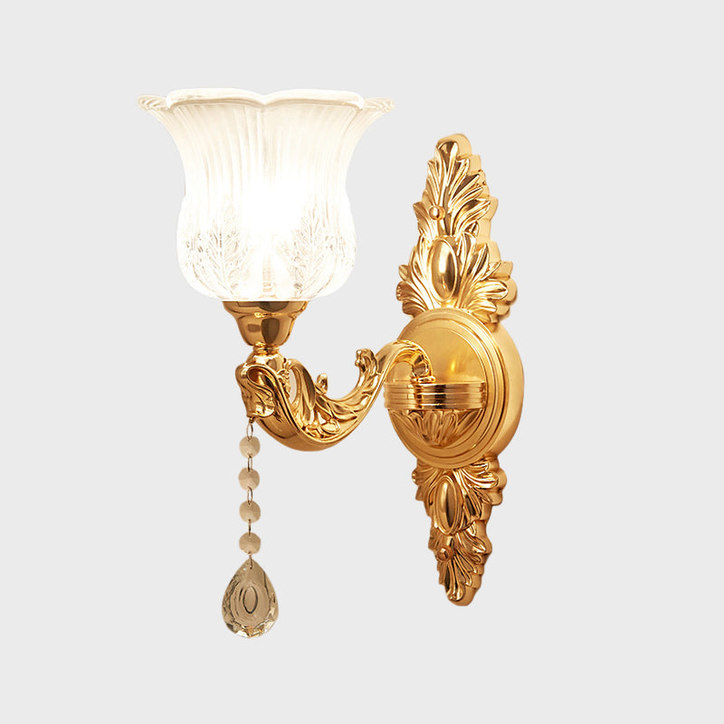 Gold Flower/Bell Wall Light Sconce Modernist Crystal Shade 1 Light Living Room Wall Mounted Lamp Clearhalo 'Wall Lamps & Sconces' 'Wall Lights' Lighting' 917466