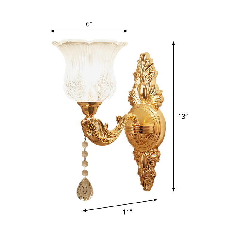 Gold Flower/Bell Wall Light Sconce Modernist Crystal Shade 1 Light Living Room Wall Mounted Lamp Clearhalo 'Wall Lamps & Sconces' 'Wall Lights' Lighting' 917467