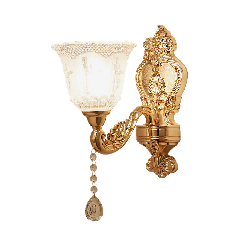 Gold Flower/Bell Wall Light Sconce Modernist Crystal Shade 1 Light Living Room Wall Mounted Lamp Clearhalo 'Wall Lamps & Sconces' 'Wall Lights' Lighting' 917470