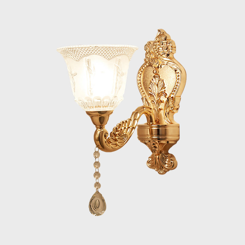 Gold Flower/Bell Wall Light Sconce Modernist Crystal Shade 1 Light Living Room Wall Mounted Lamp Clearhalo 'Wall Lamps & Sconces' 'Wall Lights' Lighting' 917471