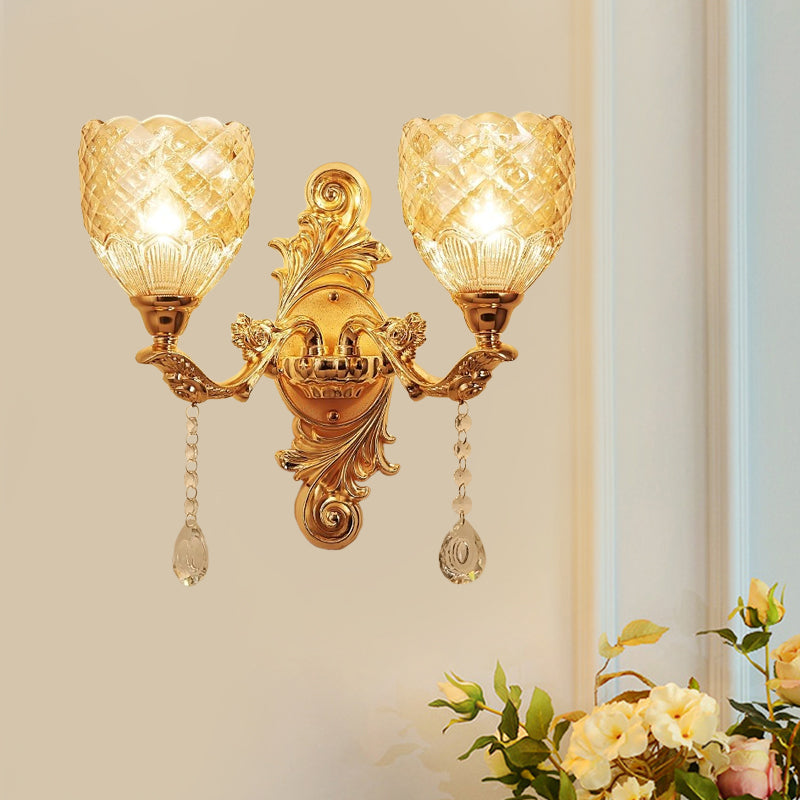 2 Lights Dome/Flower Up Wall Sconce Light European Gold Textured Crystal Wall Lamp Fixture Gold A Clearhalo 'Wall Lamps & Sconces' 'Wall Lights' Lighting' 917473