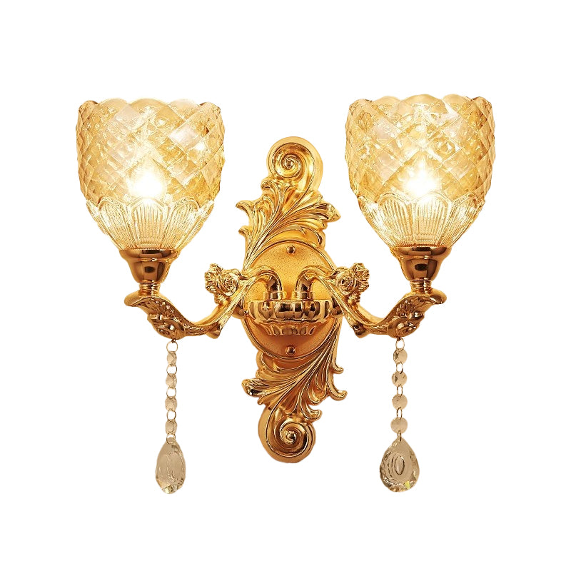 2 Lights Dome/Flower Up Wall Sconce Light European Gold Textured Crystal Wall Lamp Fixture Clearhalo 'Wall Lamps & Sconces' 'Wall Lights' Lighting' 917474