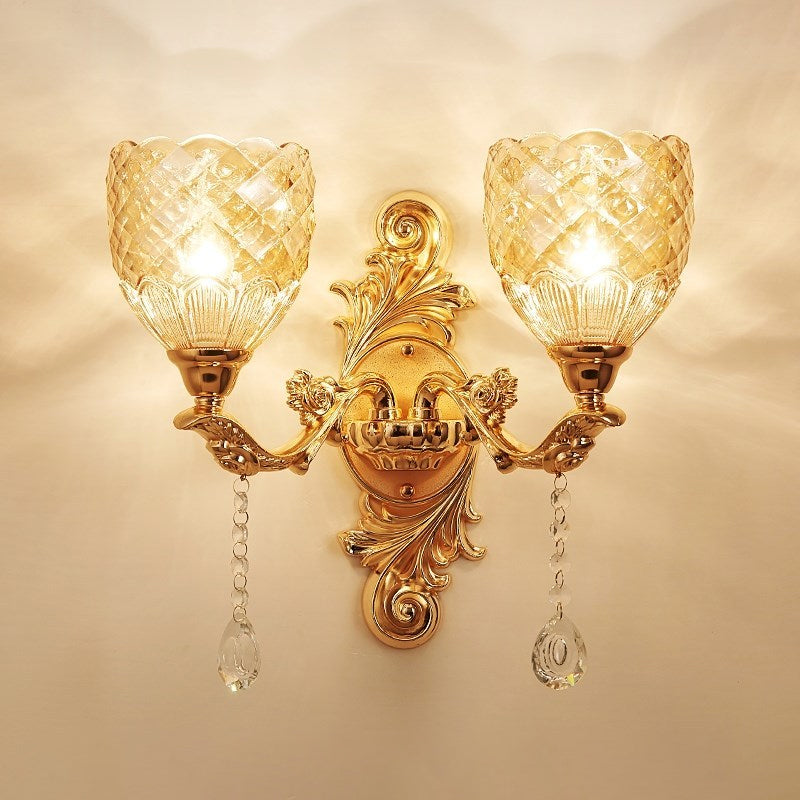 2 Lights Dome/Flower Up Wall Sconce Light European Gold Textured Crystal Wall Lamp Fixture Clearhalo 'Wall Lamps & Sconces' 'Wall Lights' Lighting' 917475