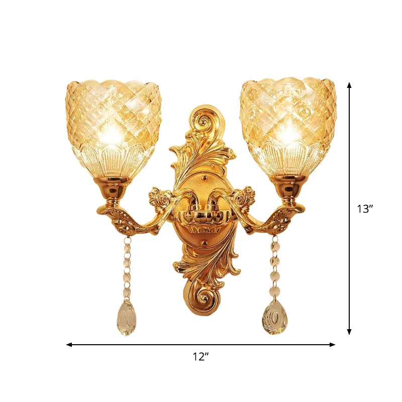 2 Lights Dome/Flower Up Wall Sconce Light European Gold Textured Crystal Wall Lamp Fixture Clearhalo 'Wall Lamps & Sconces' 'Wall Lights' Lighting' 917476