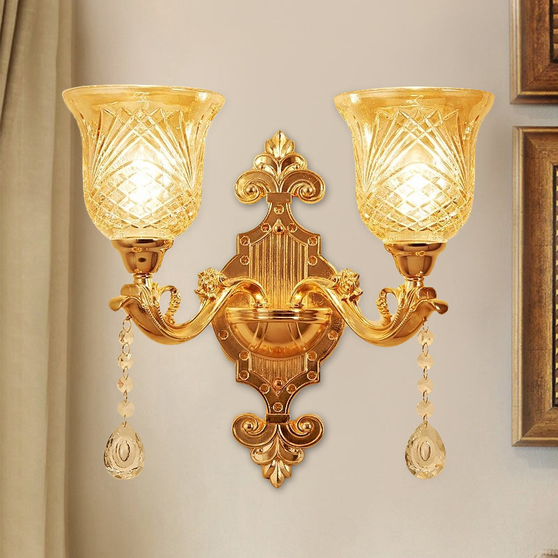 2 Lights Dome/Flower Up Wall Sconce Light European Gold Textured Crystal Wall Lamp Fixture Gold B Clearhalo 'Wall Lamps & Sconces' 'Wall Lights' Lighting' 917477