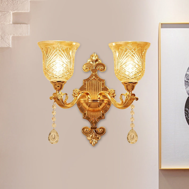 2 Lights Dome/Flower Up Wall Sconce Light European Gold Textured Crystal Wall Lamp Fixture Clearhalo 'Wall Lamps & Sconces' 'Wall Lights' Lighting' 917478