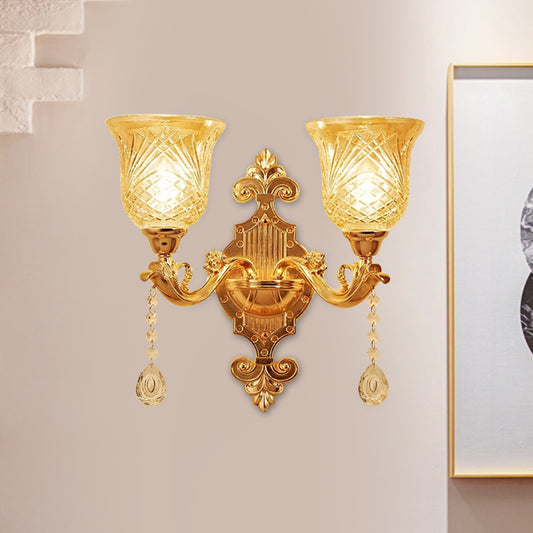 2 Lights Dome/Flower Up Wall Sconce Light European Gold Textured Crystal Wall Lamp Fixture Clearhalo 'Wall Lamps & Sconces' 'Wall Lights' Lighting' 917478