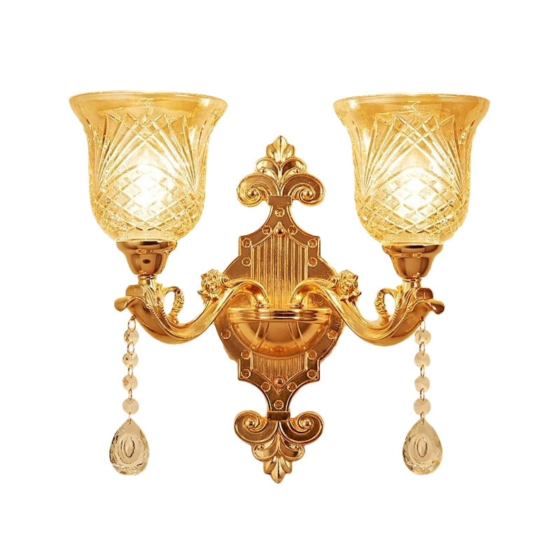 2 Lights Dome/Flower Up Wall Sconce Light European Gold Textured Crystal Wall Lamp Fixture Clearhalo 'Wall Lamps & Sconces' 'Wall Lights' Lighting' 917479