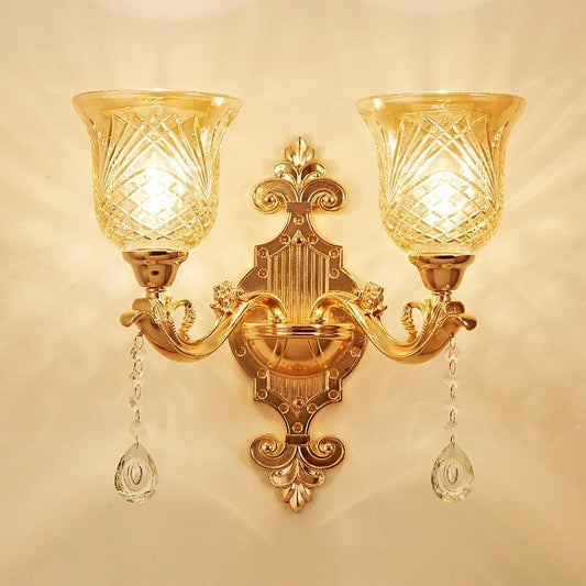 2 Lights Dome/Flower Up Wall Sconce Light European Gold Textured Crystal Wall Lamp Fixture Clearhalo 'Wall Lamps & Sconces' 'Wall Lights' Lighting' 917480