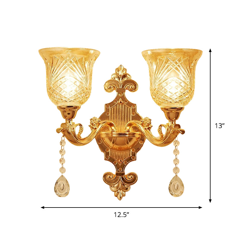 2 Lights Dome/Flower Up Wall Sconce Light European Gold Textured Crystal Wall Lamp Fixture Clearhalo 'Wall Lamps & Sconces' 'Wall Lights' Lighting' 917481