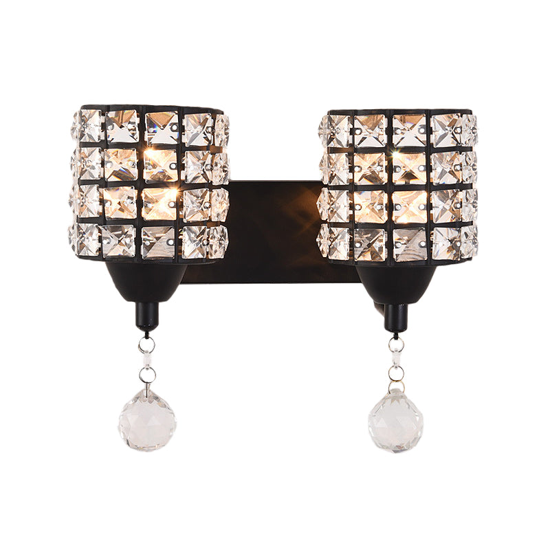 Black 2-Light Sconce Post Modern Prismatic Optical Crystal Cylinder Wall Mount Light Fixture Clearhalo 'Cast Iron' 'Glass' 'Industrial' 'Modern wall lights' 'Modern' 'Tiffany' 'Traditional wall lights' 'Wall Lamps & Sconces' 'Wall Lights' Lighting' 917496