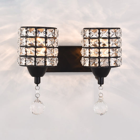 Black 2-Light Sconce Post Modern Prismatic Optical Crystal Cylinder Wall Mount Light Fixture Clearhalo 'Cast Iron' 'Glass' 'Industrial' 'Modern wall lights' 'Modern' 'Tiffany' 'Traditional wall lights' 'Wall Lamps & Sconces' 'Wall Lights' Lighting' 917497