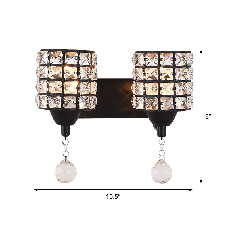 Black 2-Light Sconce Post Modern Prismatic Optical Crystal Cylinder Wall Mount Light Fixture Clearhalo 'Cast Iron' 'Glass' 'Industrial' 'Modern wall lights' 'Modern' 'Tiffany' 'Traditional wall lights' 'Wall Lamps & Sconces' 'Wall Lights' Lighting' 917498