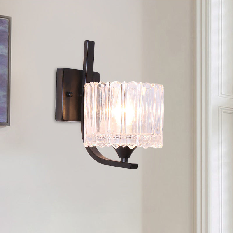 1 Light Trapezoid/Flower/Drum Wall Light Sconce Post Modern Black Metal Wall Mount Light with Clear Crystal Shade Black Drum Clearhalo 'Cast Iron' 'Glass' 'Industrial' 'Modern wall lights' 'Modern' 'Tiffany' 'Traditional wall lights' 'Wall Lamps & Sconces' 'Wall Lights' Lighting' 917499
