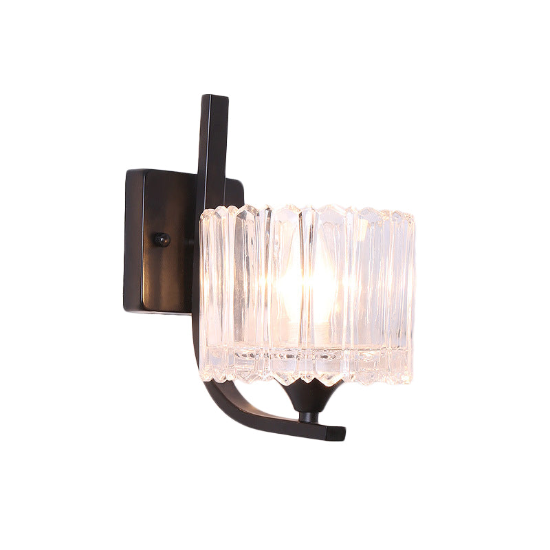 1 Light Trapezoid/Flower/Drum Wall Light Sconce Post Modern Black Metal Wall Mount Light with Clear Crystal Shade Clearhalo 'Cast Iron' 'Glass' 'Industrial' 'Modern wall lights' 'Modern' 'Tiffany' 'Traditional wall lights' 'Wall Lamps & Sconces' 'Wall Lights' Lighting' 917500