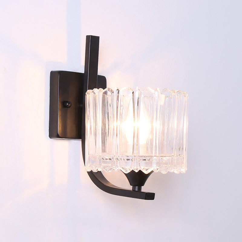 1 Light Trapezoid/Flower/Drum Wall Light Sconce Post Modern Black Metal Wall Mount Light with Clear Crystal Shade Clearhalo 'Cast Iron' 'Glass' 'Industrial' 'Modern wall lights' 'Modern' 'Tiffany' 'Traditional wall lights' 'Wall Lamps & Sconces' 'Wall Lights' Lighting' 917501