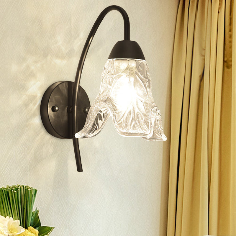 1 Light Trapezoid/Flower/Drum Wall Light Sconce Post Modern Black Metal Wall Mount Light with Clear Crystal Shade Black Flower Shape Clearhalo 'Cast Iron' 'Glass' 'Industrial' 'Modern wall lights' 'Modern' 'Tiffany' 'Traditional wall lights' 'Wall Lamps & Sconces' 'Wall Lights' Lighting' 917503