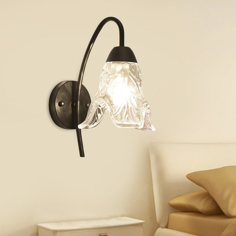 1 Light Trapezoid/Flower/Drum Wall Light Sconce Post Modern Black Metal Wall Mount Light with Clear Crystal Shade Clearhalo 'Cast Iron' 'Glass' 'Industrial' 'Modern wall lights' 'Modern' 'Tiffany' 'Traditional wall lights' 'Wall Lamps & Sconces' 'Wall Lights' Lighting' 917504