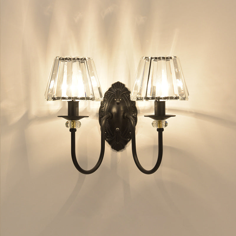 1 Light Trapezoid/Flower/Drum Wall Light Sconce Post Modern Black Metal Wall Mount Light with Clear Crystal Shade Clearhalo 'Cast Iron' 'Glass' 'Industrial' 'Modern wall lights' 'Modern' 'Tiffany' 'Traditional wall lights' 'Wall Lamps & Sconces' 'Wall Lights' Lighting' 917511