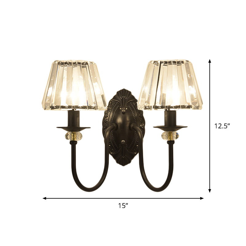 1 Light Trapezoid/Flower/Drum Wall Light Sconce Post Modern Black Metal Wall Mount Light with Clear Crystal Shade Clearhalo 'Cast Iron' 'Glass' 'Industrial' 'Modern wall lights' 'Modern' 'Tiffany' 'Traditional wall lights' 'Wall Lamps & Sconces' 'Wall Lights' Lighting' 917512