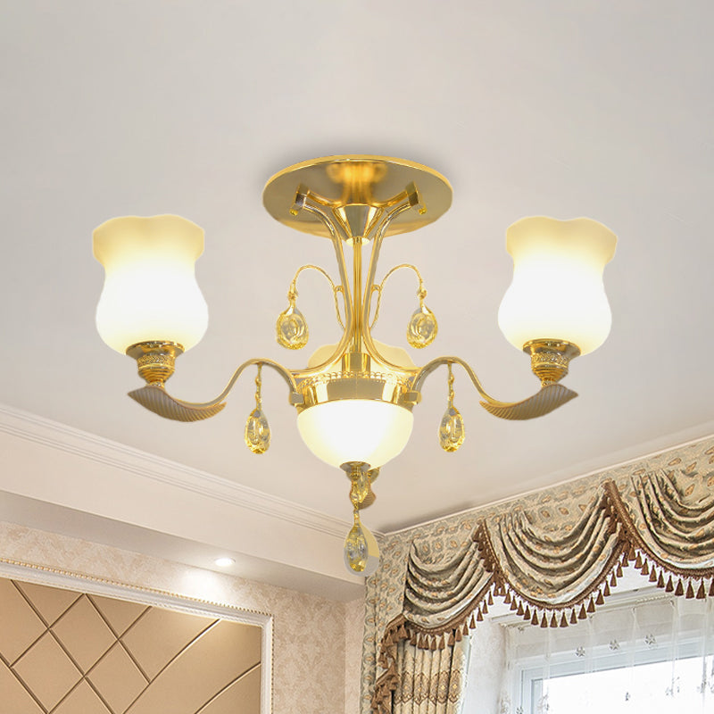 Milk Glass Tulip Flower Semi Flush Modern 3-Light Bedroom Close to Ceiling Light in Gold Gold Clearhalo 'Ceiling Lights' 'Close To Ceiling Lights' 'Close to ceiling' 'Semi-flushmount' Lighting' 917531