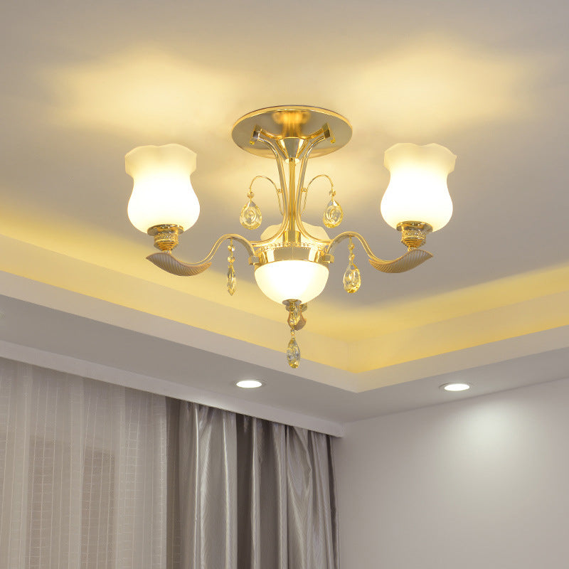 Milk Glass Tulip Flower Semi Flush Modern 3-Light Bedroom Close to Ceiling Light in Gold Clearhalo 'Ceiling Lights' 'Close To Ceiling Lights' 'Close to ceiling' 'Semi-flushmount' Lighting' 917532