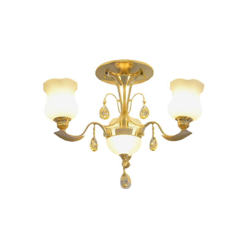 Milk Glass Tulip Flower Semi Flush Modern 3-Light Bedroom Close to Ceiling Light in Gold Clearhalo 'Ceiling Lights' 'Close To Ceiling Lights' 'Close to ceiling' 'Semi-flushmount' Lighting' 917533